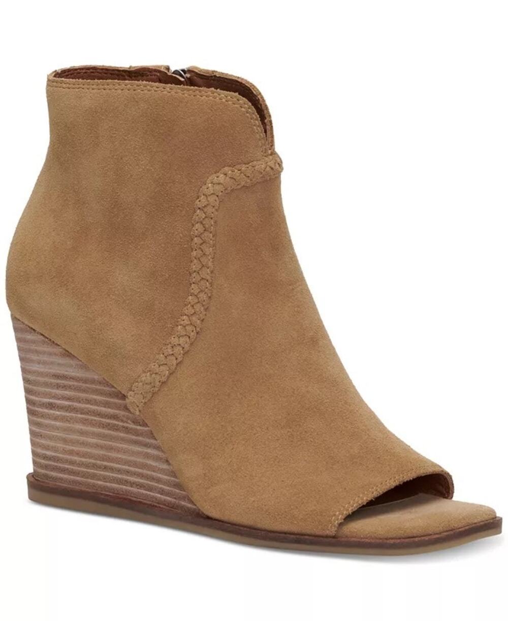 Lucky Brand Womens Lureli Wedge Booties Size 7.5 Tan Peep Toe Suede NWOB